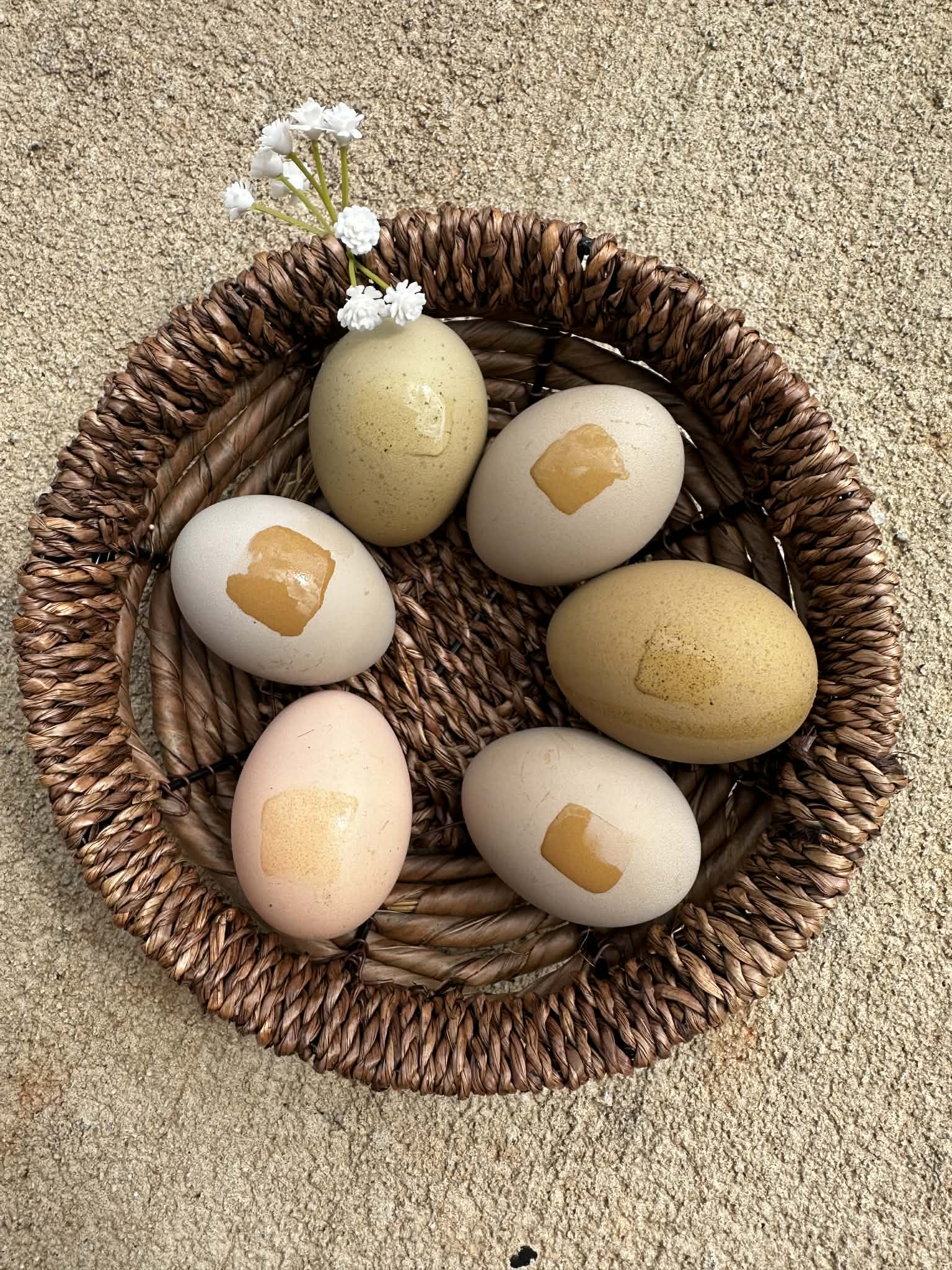 Decorative eggs with water marks to show heavy bloom on a woven basket